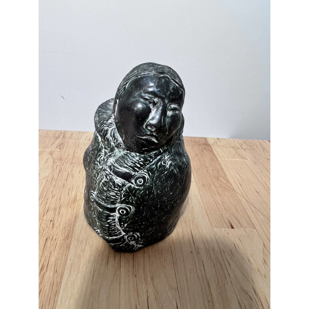A Wolf Original Green Sculpture of an Eskimo Women with Baby 4”